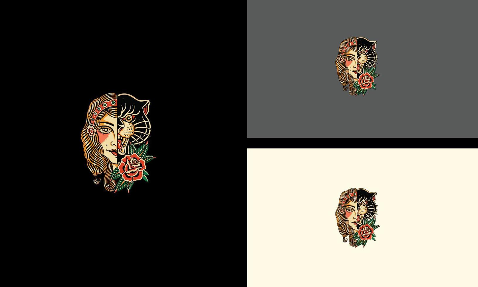 gezicht Dames hoofd panter en rood bloemen vector mascotte ontwerp