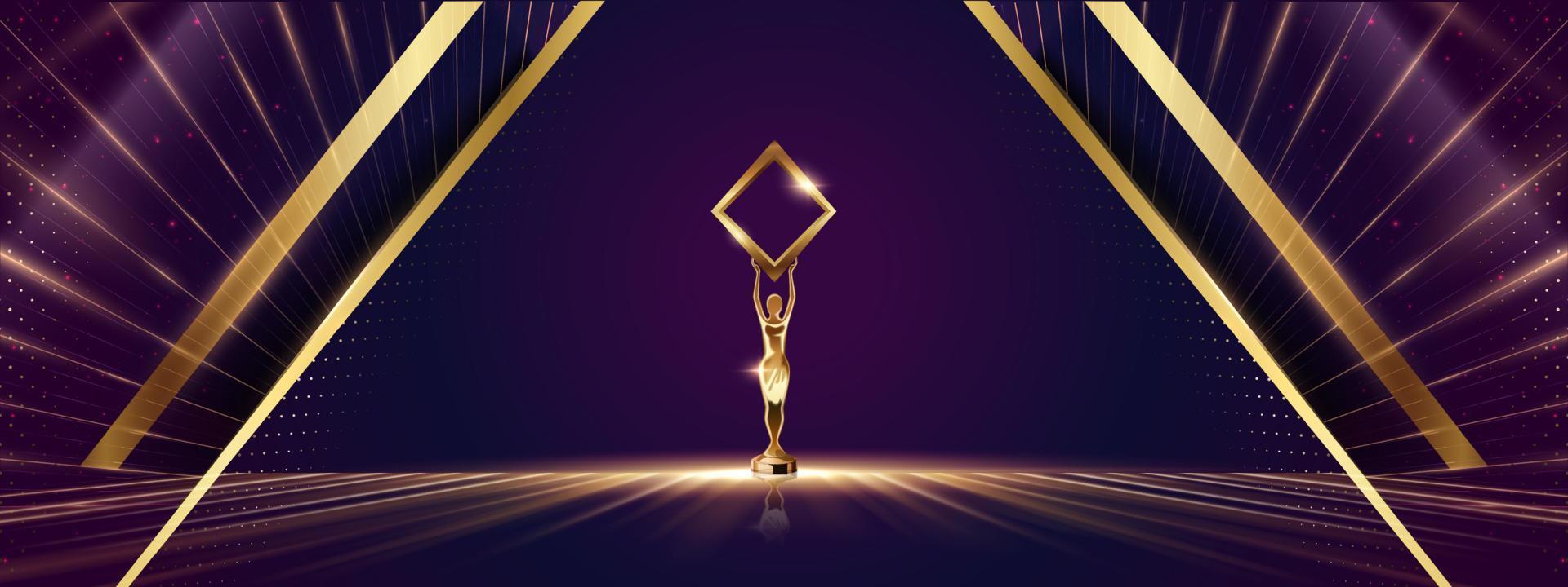 gouden blauw Purper prijs achtergrond. jubileum nacht decoratief uitnodiging. trofee Aan stadium platform met schijnwerper. bruiloft vermaak Hollywood bollywood nacht. elegant luxe stappen vloer. vector