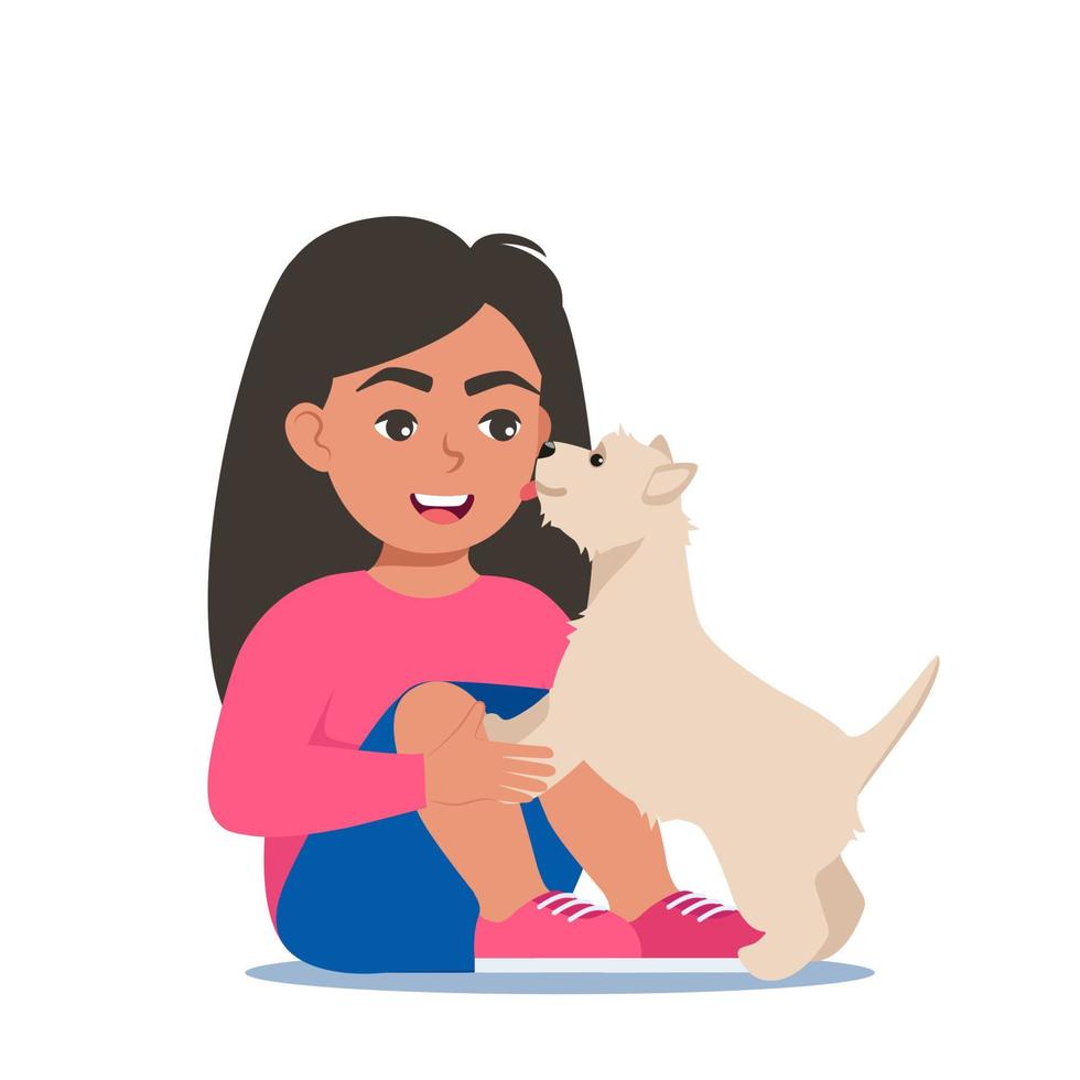 schattig puppy hond likken meisjes gezicht. gelukkig kind knuffelen en kinderboerderij een hond. glimlachen kind zittend en omarmen gelukkig huisdier. mooi zo vriend. vector illustratie.