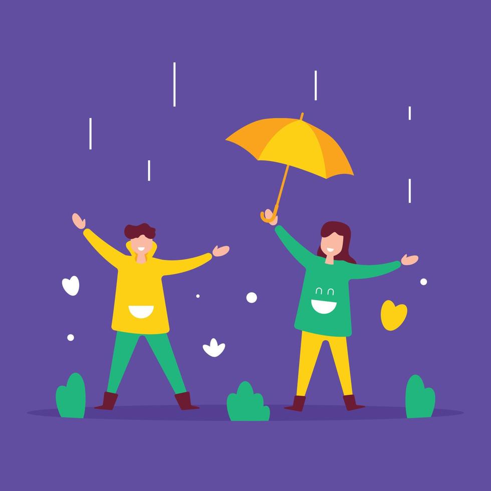 mensen Aan regenachtig dag vlak ontwerp karakter illustratie vector