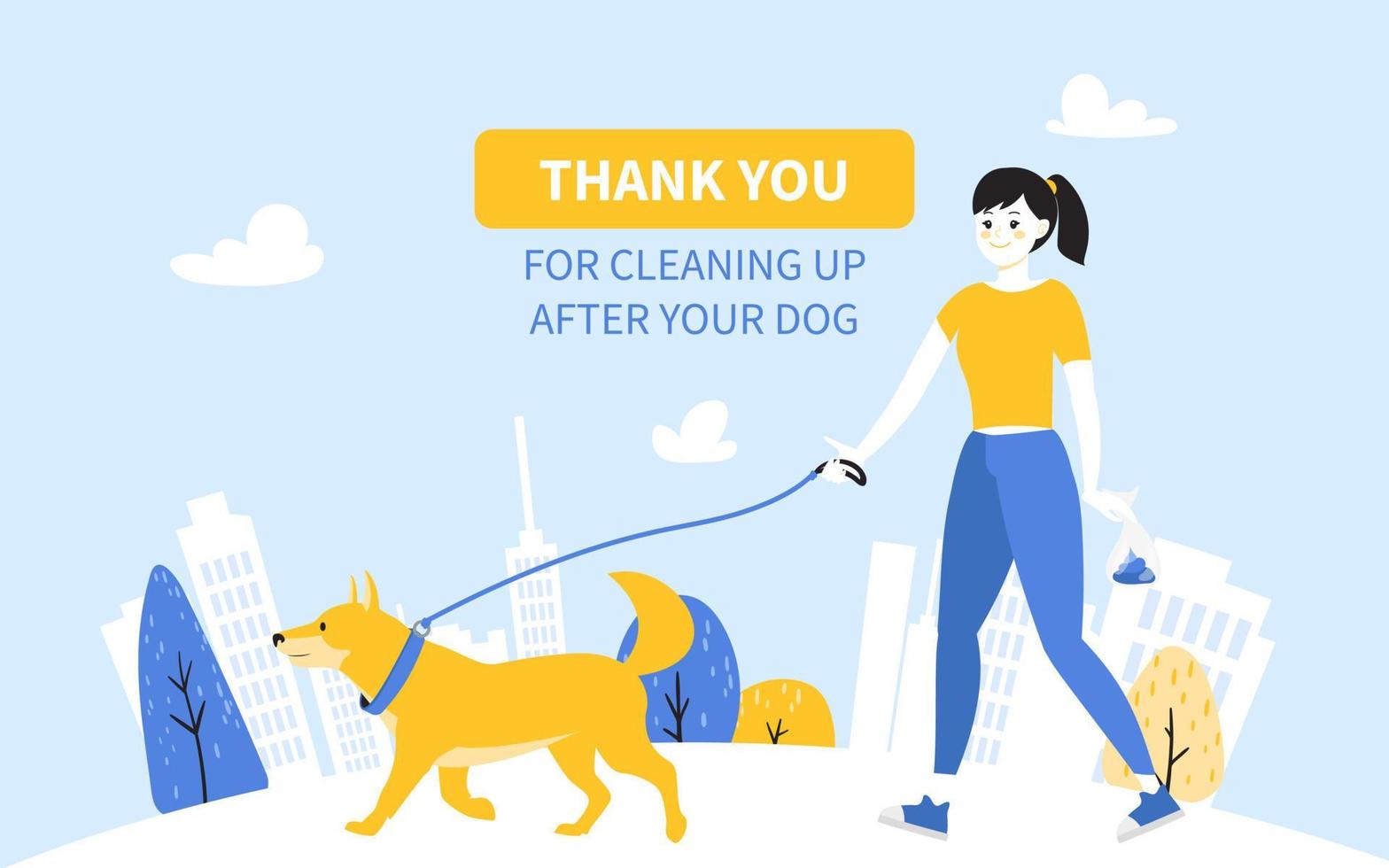 dank u voor schoonmaak omhoog na uw hond. meisje wandelen omhoog met hond Akita, stad- visie met wolkenkrabbers, huizen, bomen. verzamelen honden achterschip in een tas, vector illustratie in geel en blauw kleuren..