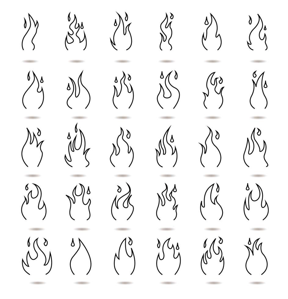 lijn kunst brand vlam logo, zwart kleur pictogrammen vector illustratie geïsoleerd Aan wit achtergrond.