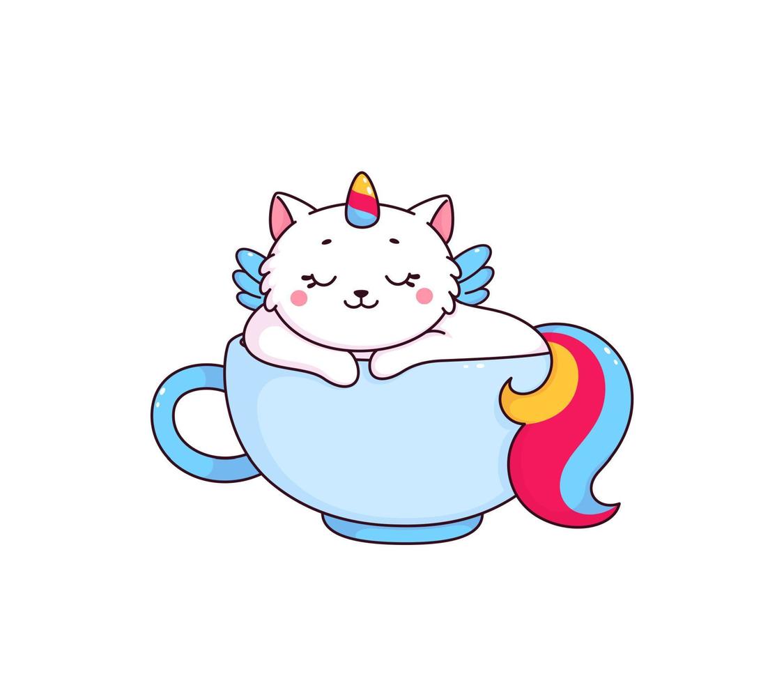 tekenfilm schattig caticorn karakter in thee beker, kat vector