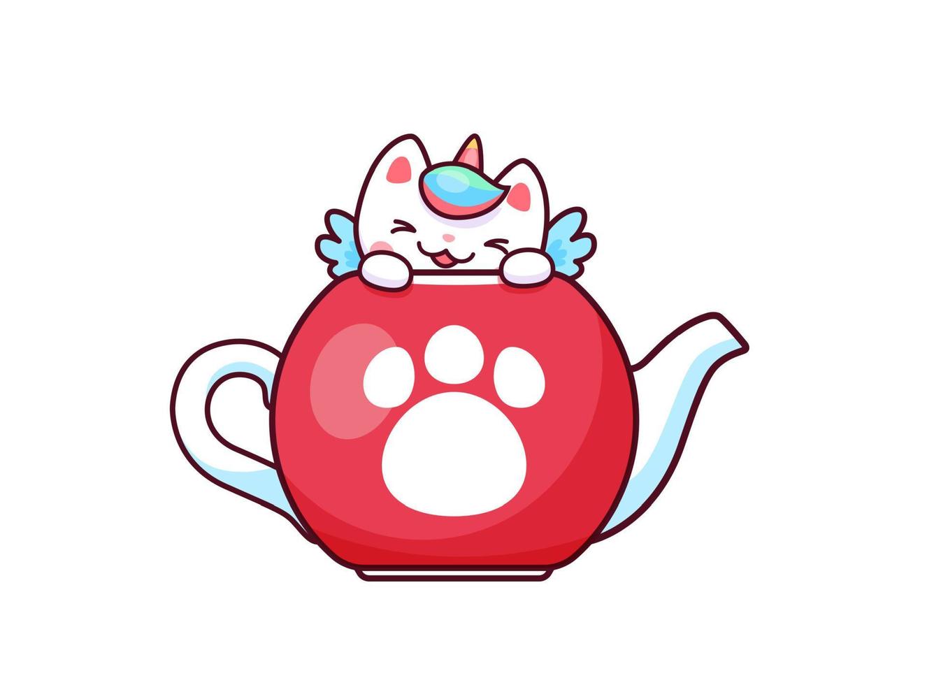 tekenfilm schattig kawaii caticorn karakter in theepot vector