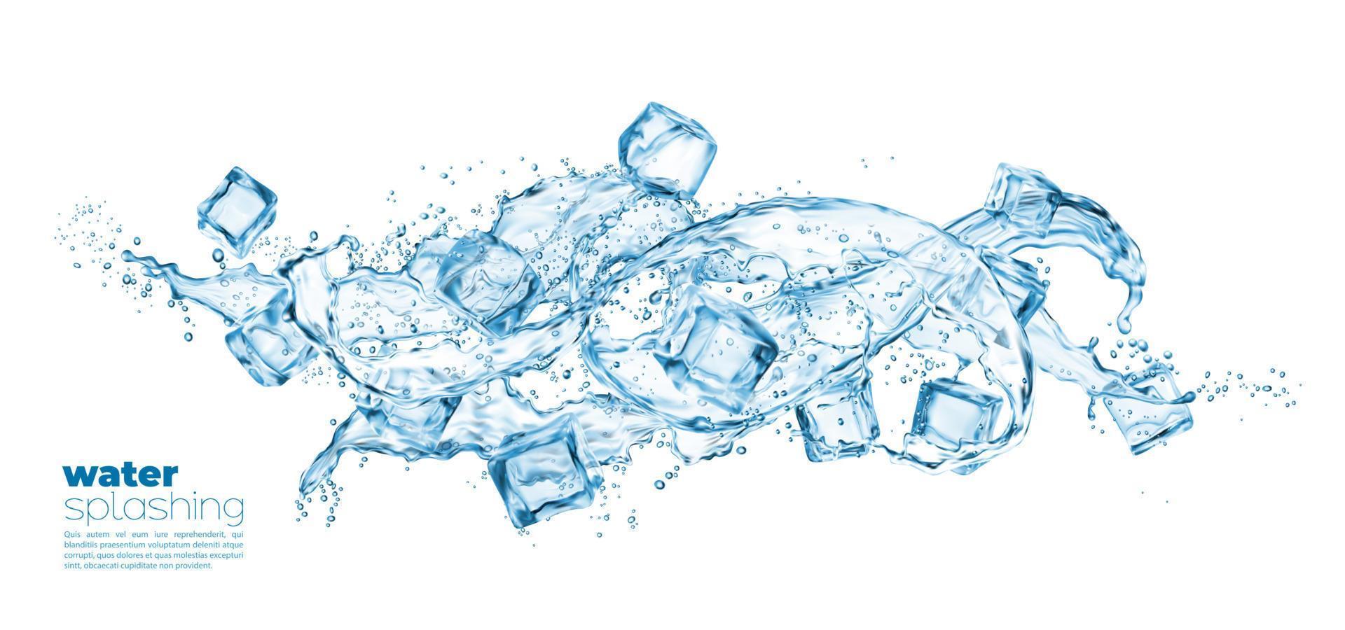 blauw water plons en ijs kubussen bevroren beweging vector