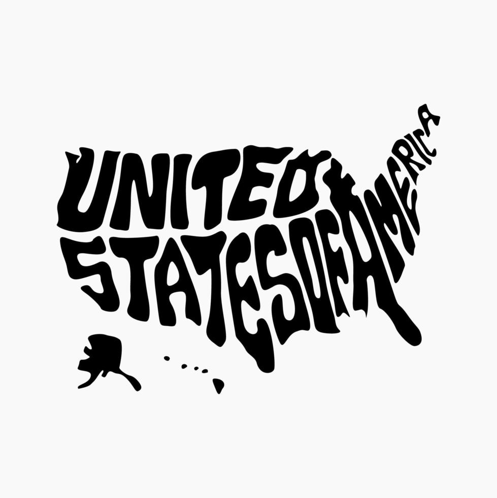 Verenigde staat van Amerika kaart belettering zwart en wit. Verenigde Staten van Amerika typografie kaart. vector