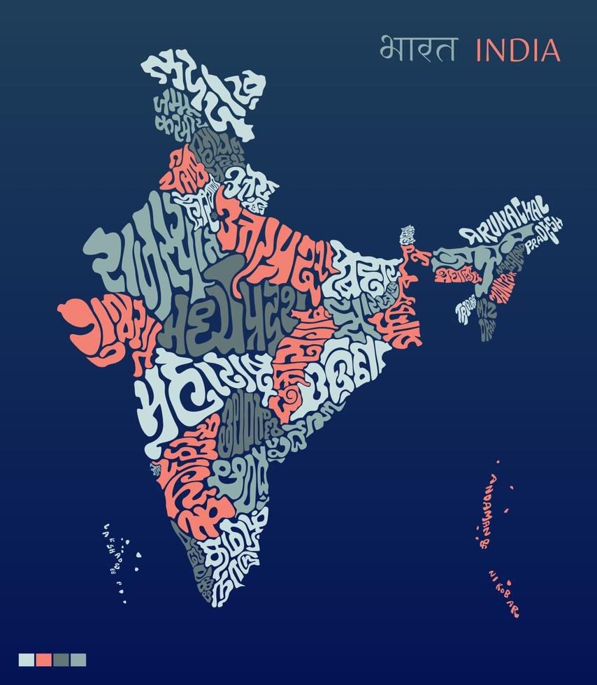 Indië kaart belettering met allemaal Indisch staat naam in van hen staat talen. Indië kaart typografie. vector