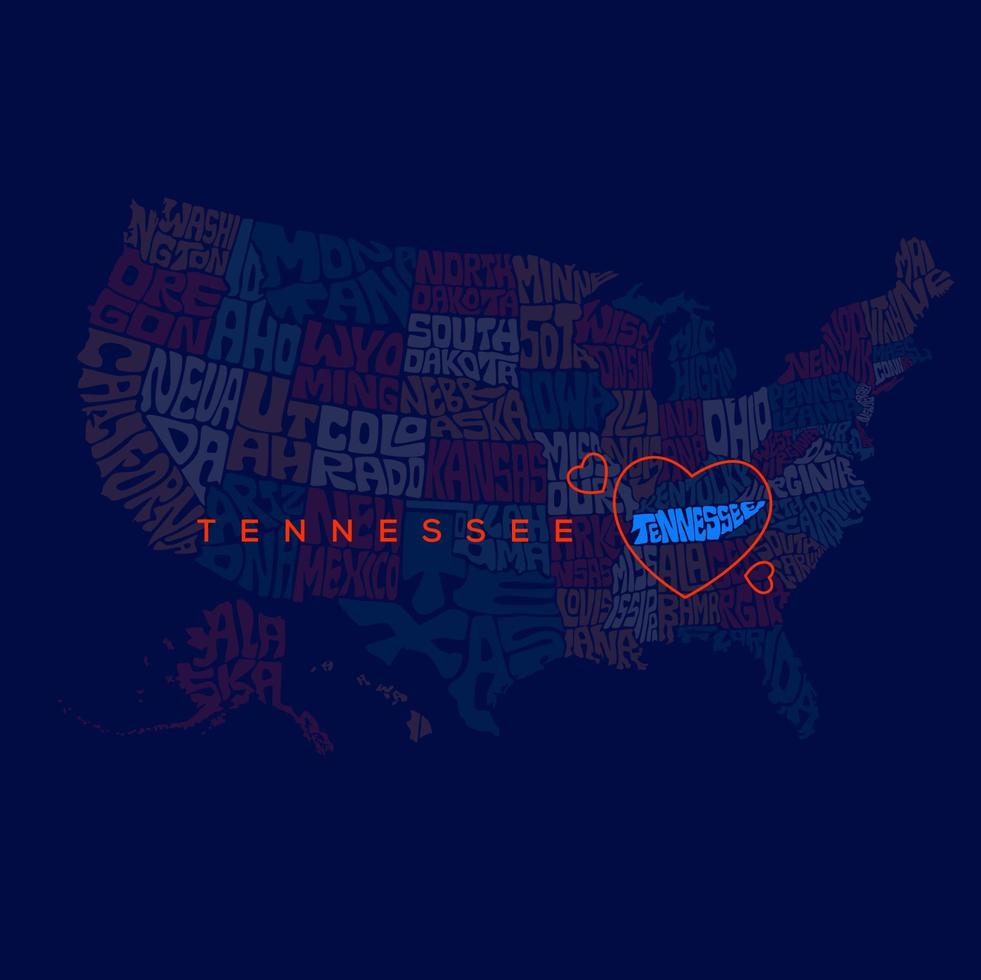 Tennessee kaart met rood hart belettering. ons kaart staten naam typografie. vector