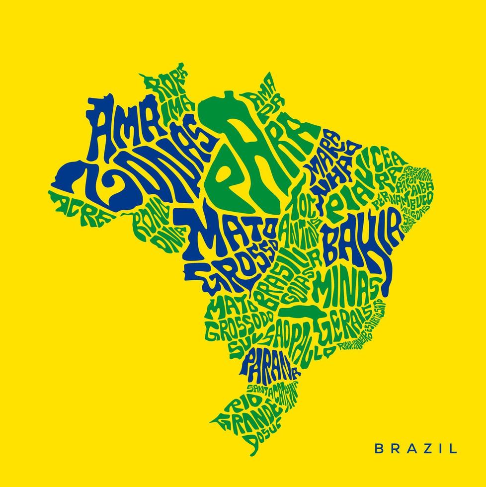 Brazilië kaart typografie met allemaal staten naam. Brazilië kaart belettering met nationaal vlag kleuren. vector