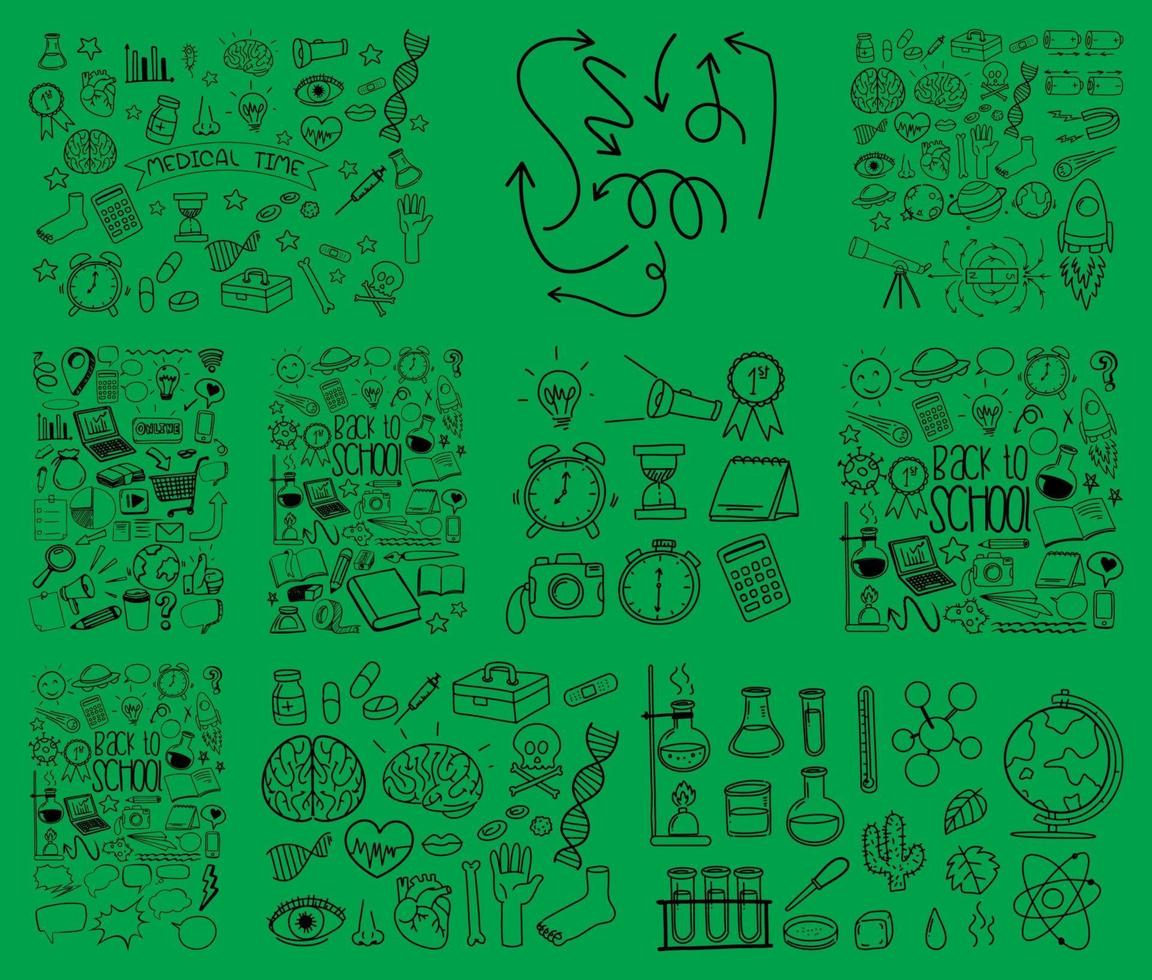 set van object en symbool hand getrokken doodle op groene achtergrond vector