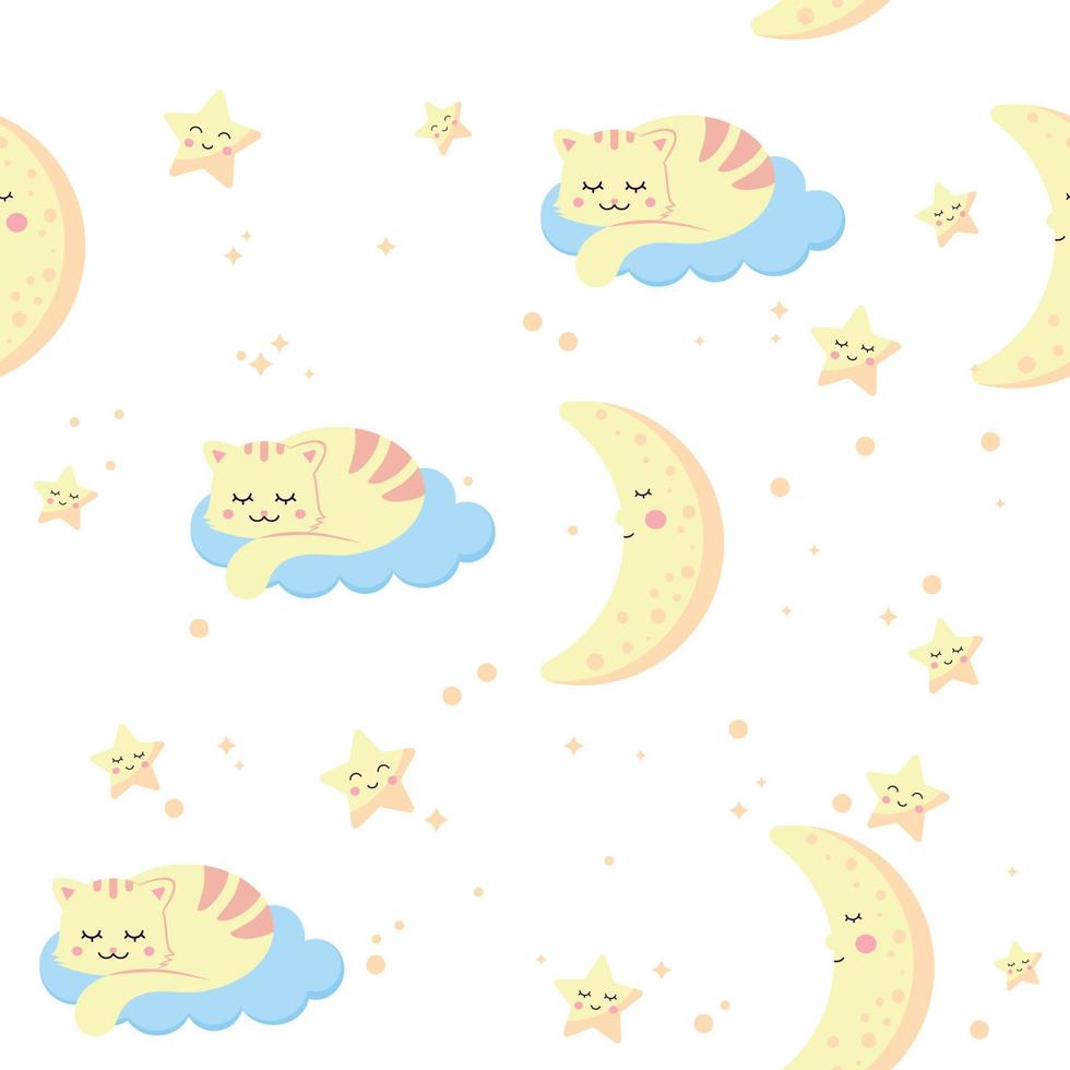 patroon met een kat Aan een wolk, de maan en sterren Aan een licht achtergrond. vector