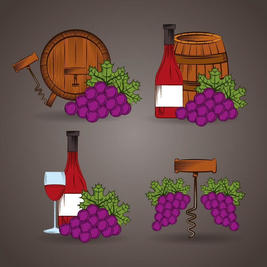 wijn pictogrammenset met vaten en druiven vector