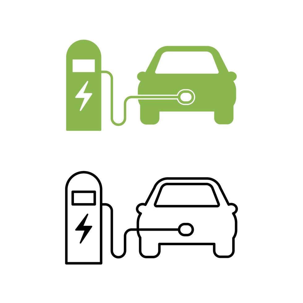 elektrische auto en elektrisch laadstation pictogram. hybride voertuigsymbool. milieuvriendelijk auto- of elektrisch voertuigconcept. vector