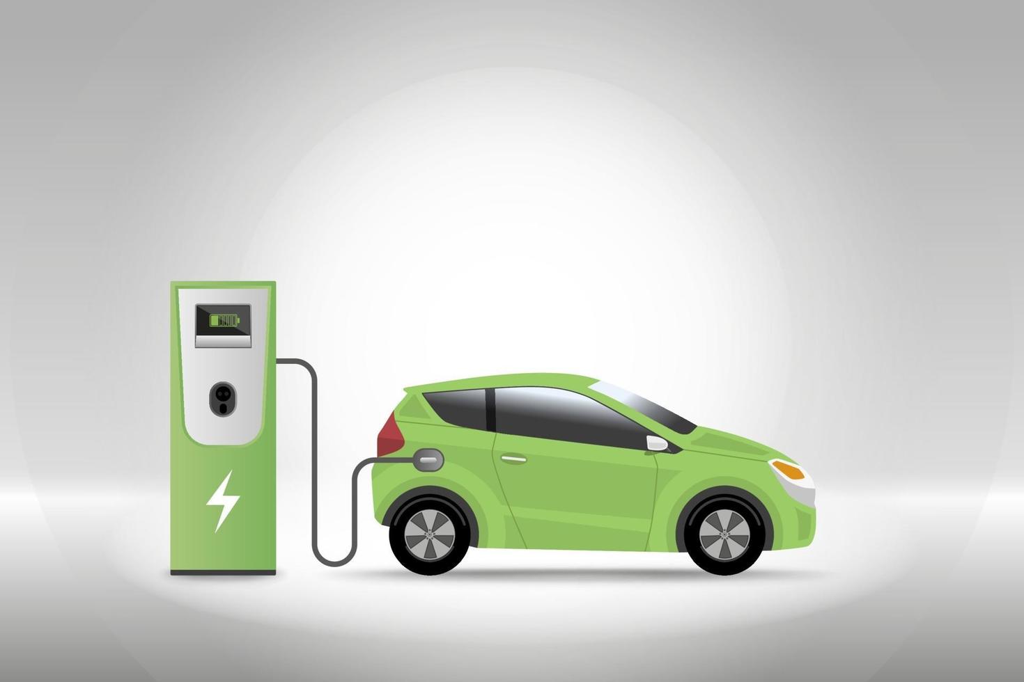 elektrische auto opladen bij laadstation met grijze achtergrond. hybride voertuig, milieuvriendelijk auto- of elektrisch voertuigconcept. vector