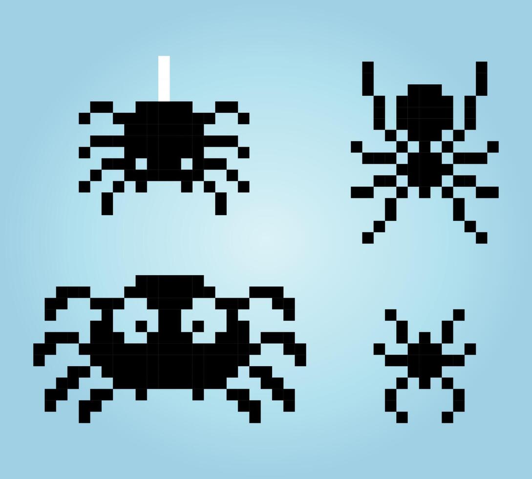 8 stukjes spinnen. dierlijke pixel voor game-items en kruissteekpatronen in vectorillustraties. vector