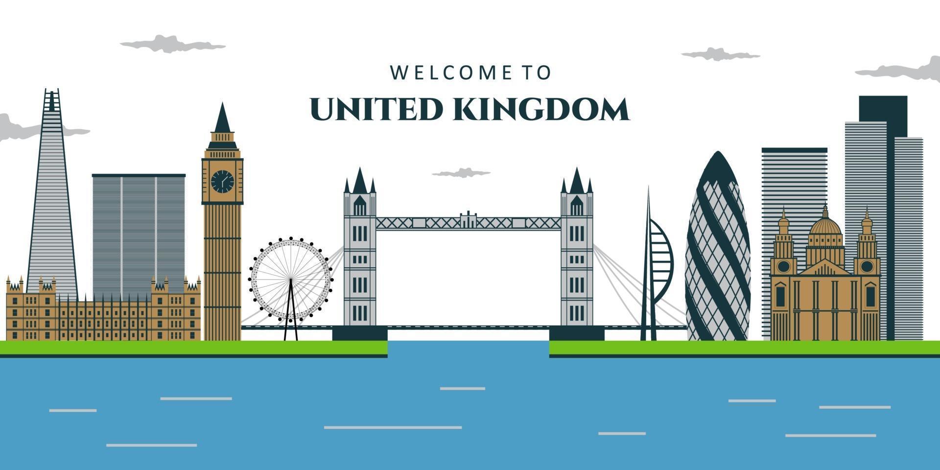 weergave van het verenigd koninkrijk. Tower Bridge, Big Ben, Palace of Westminster, London Eye, Westminster Bridge, Theems in Londen. vector