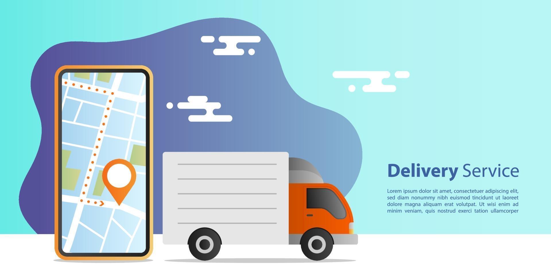 online expresbezorgingsconcept. vrachtwagenlevering voor service met mobiele applicatie op locatie. e-commerce concept. vector