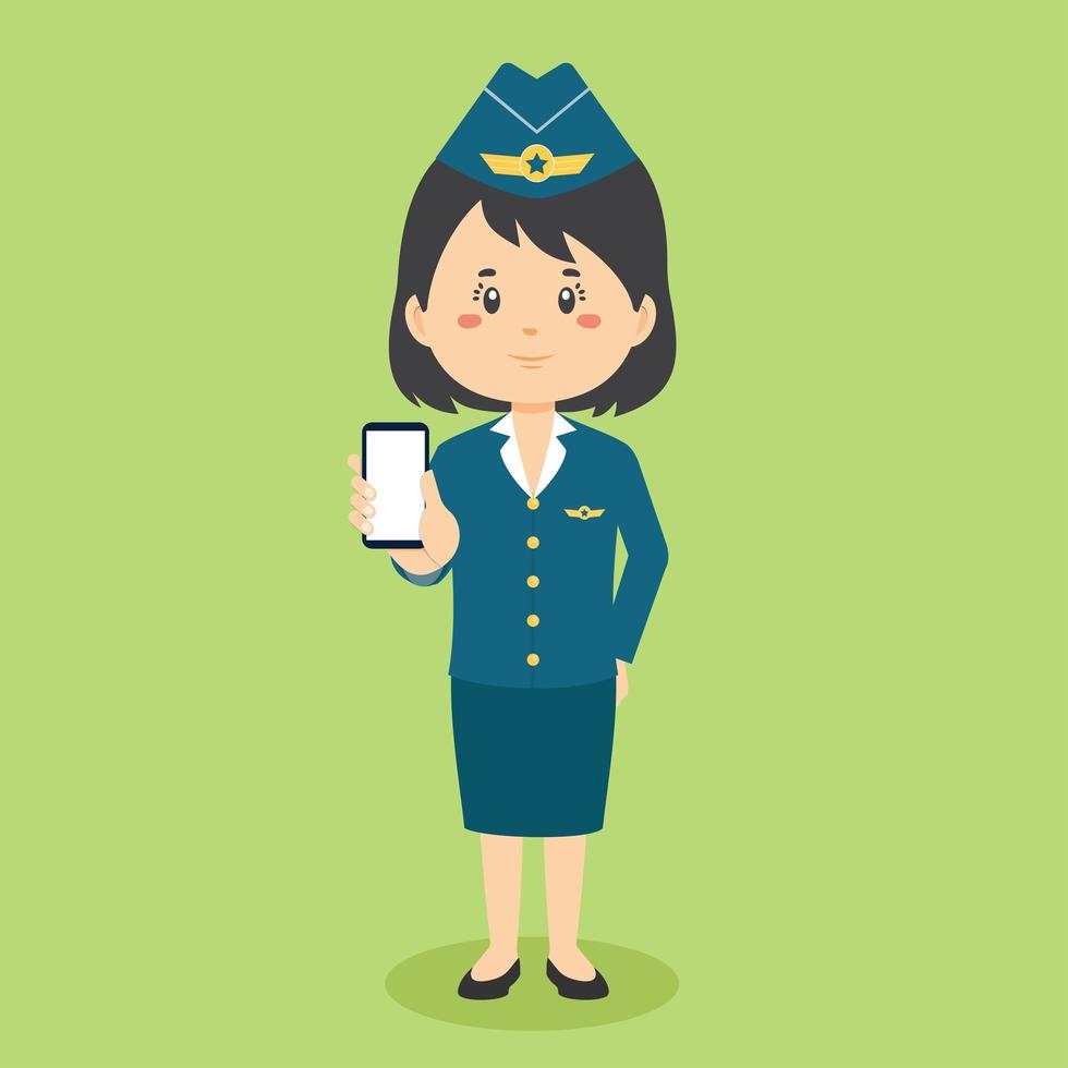 stewardess-personage houdt de telefoon vast vector