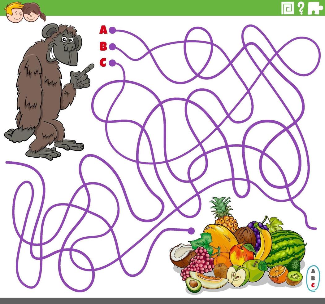 educatief doolhofspel met cartoongorilla en fruit vector