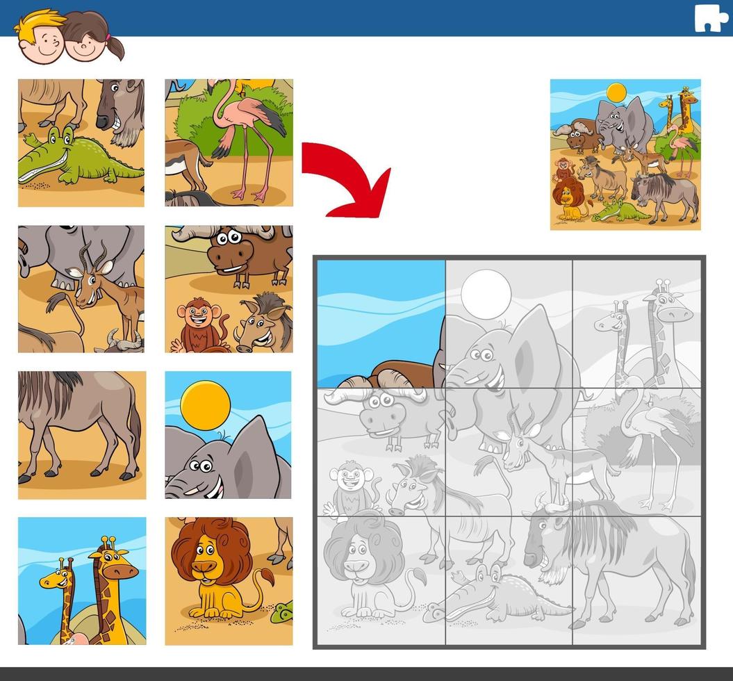 puzzelgame met wilde komische dierenfiguren vector