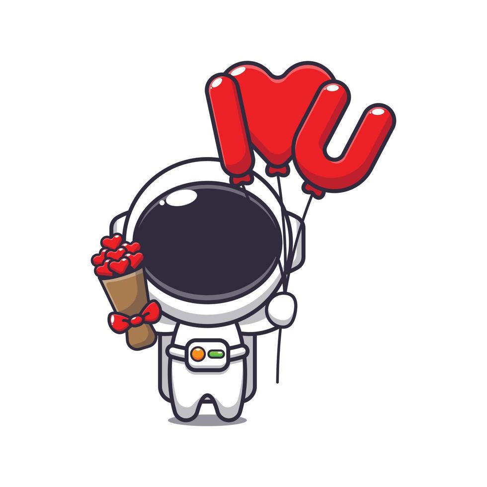 schattig astronaut tekenfilm karakter Holding liefde ballon en liefde bloemen. vector