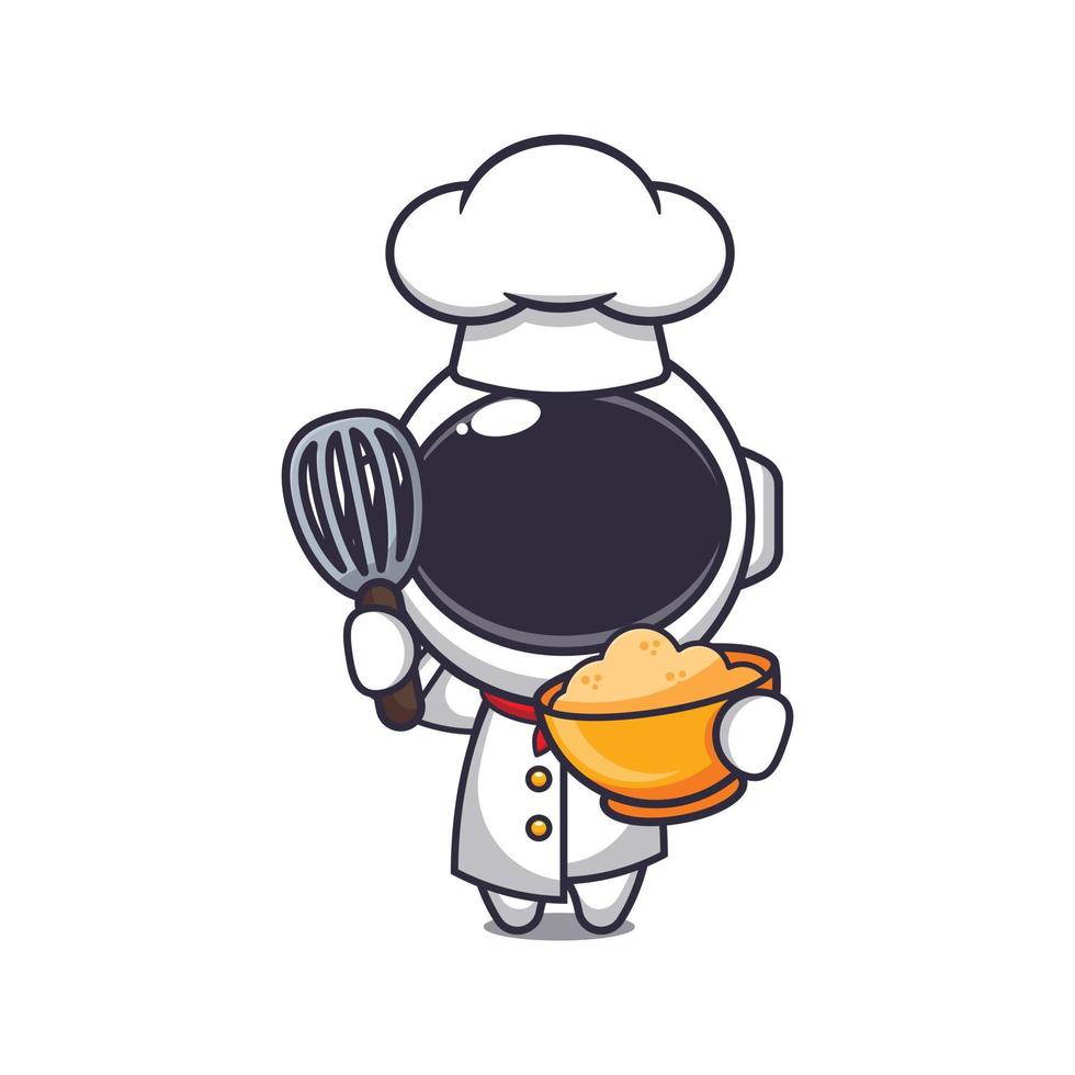 schattig chef astronaut mascotte tekenfilm karakter met taart deeg. vector