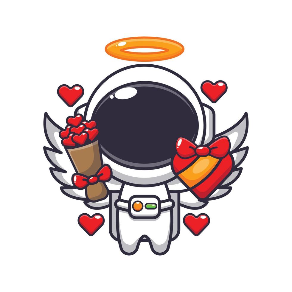 schattig astronaut Cupido tekenfilm karakter Holding liefde geschenk en liefde boeket. vector