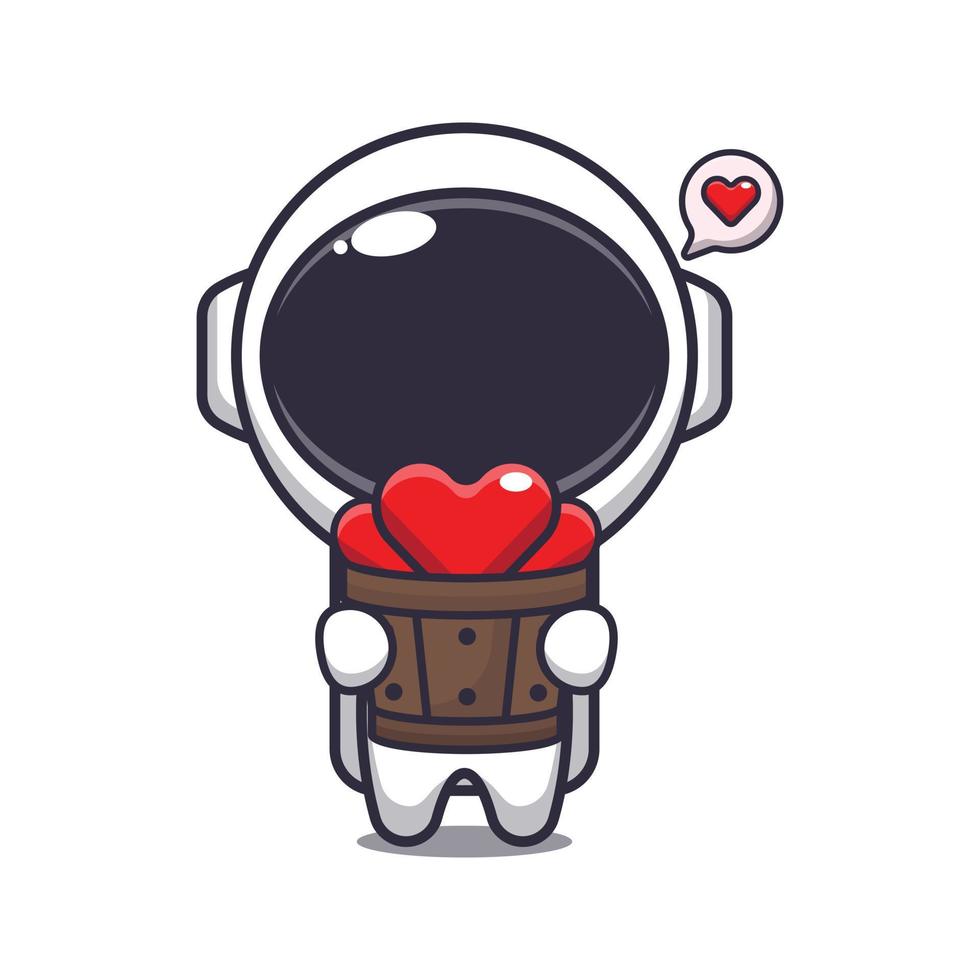 schattig astronaut tekenfilm karakter Holding liefde in hout emmer. vector