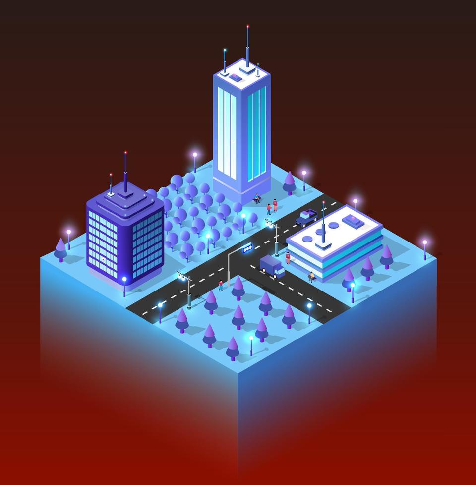 stad toekomst slim stedelijk isometrische nacht lichten architectuur 3d illustratie technologie stad- straat met een veel van gebouw huizen en wolkenkrabbers, straten, bomen vector
