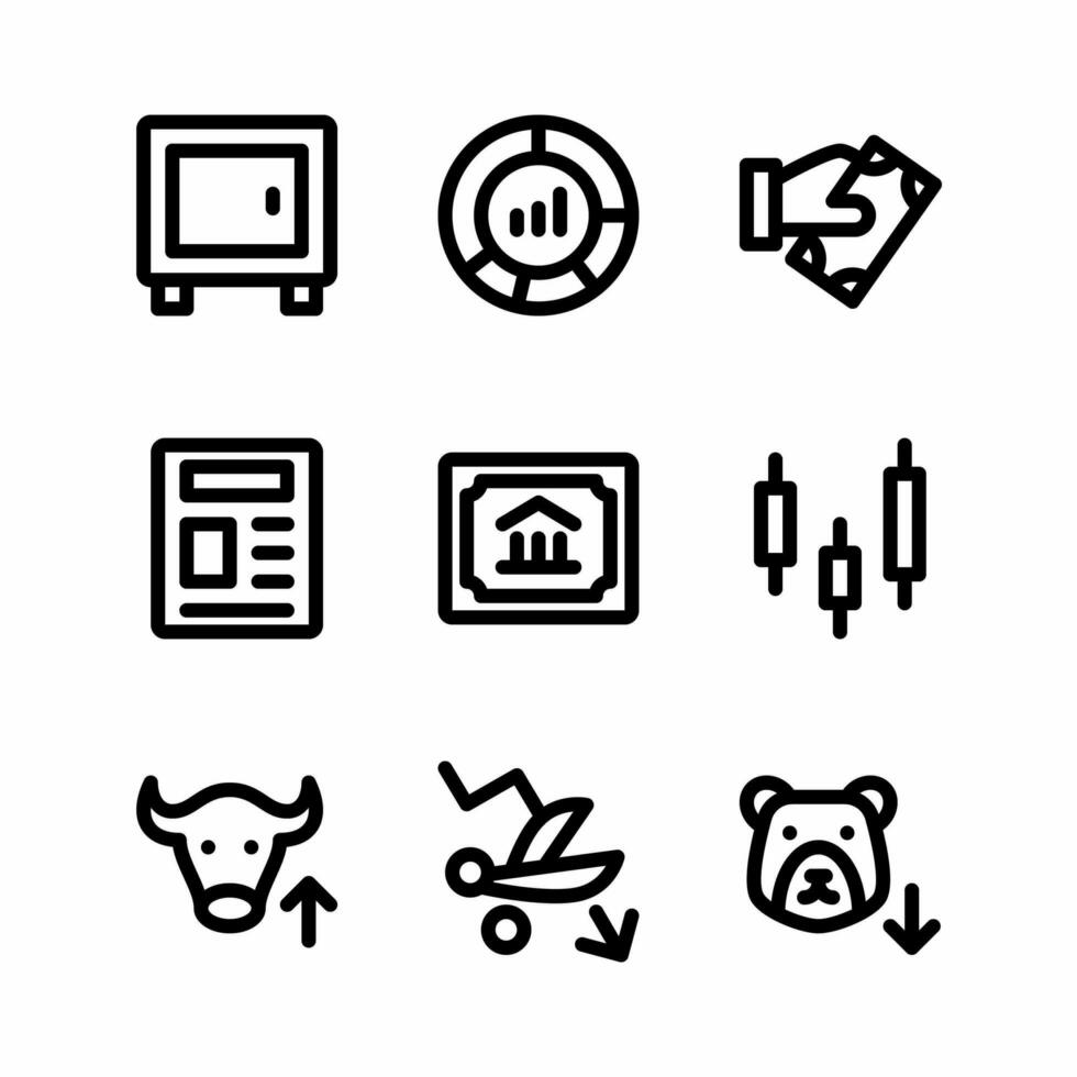eenvoudige set van beursgerelateerde vector glyph-pictogrammen. bevat pictogrammen als aanbetaling, cirkeldiagram, betaling, krant, bullmarkt en meer.