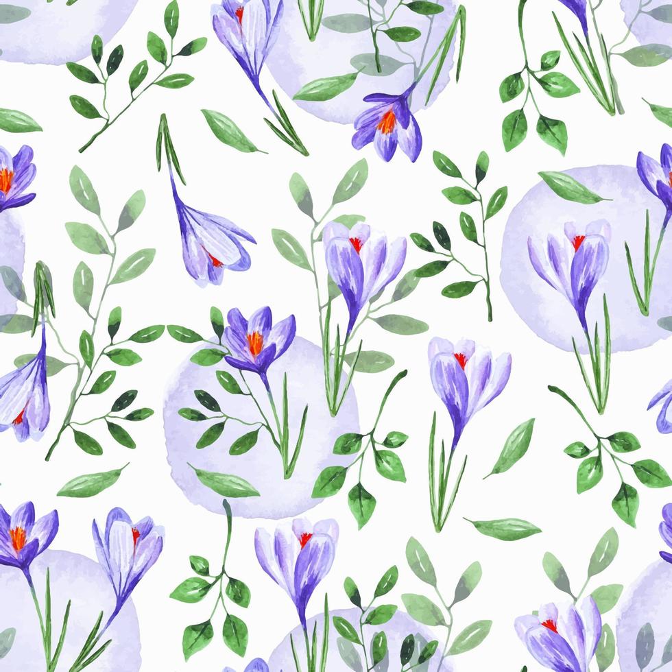 waterverf bloemen Purper naadloos patroon met bladeren en krokussen natuur achtergrond vector