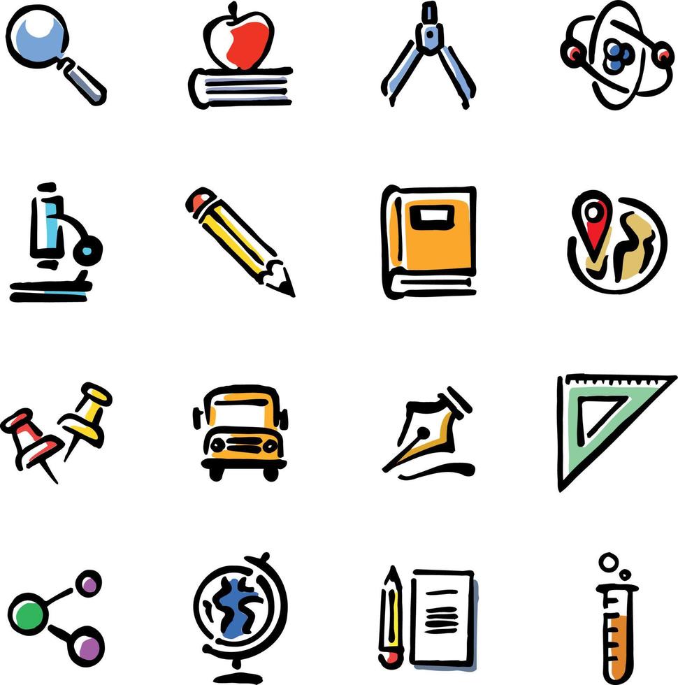 onderwijs kleur pictogrammen set. school, Universiteit, huis aan het leren, zelf studie, bedrijf onderwijs. leerzaam programma, studenten diploma uitreiking. e aan het leren, online cursussen. geïsoleerd vector illustraties