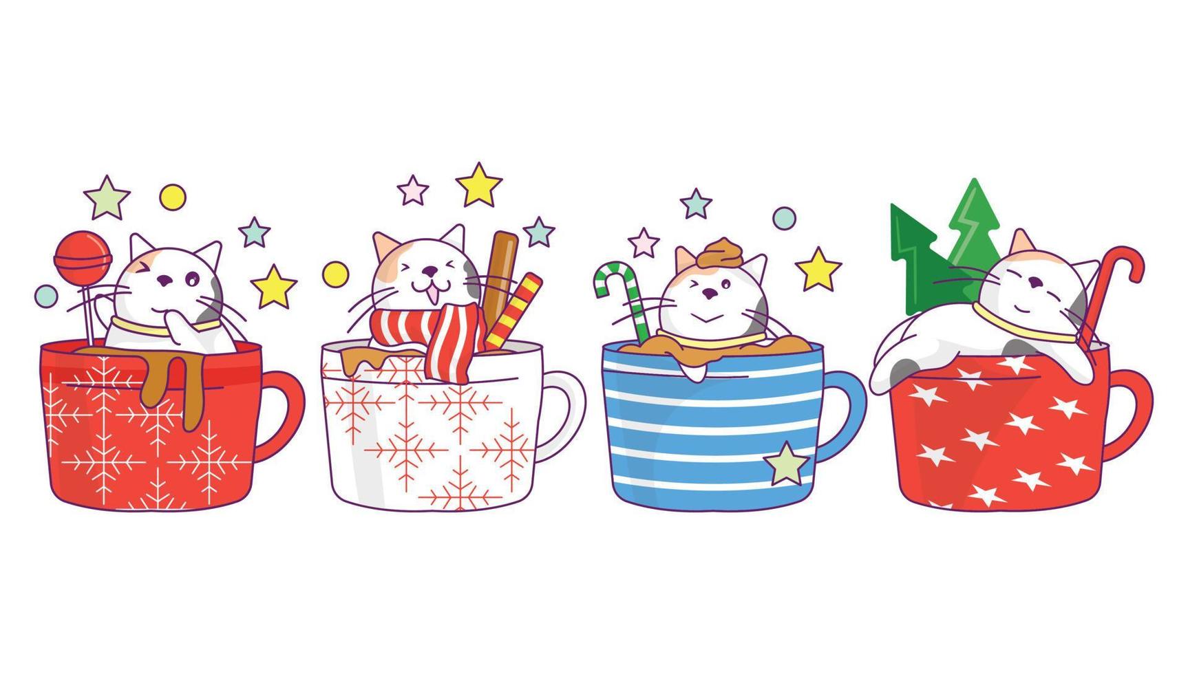 verzameling van schattig kat in Kerstmis drinken beker, koffie of thee met tekening tekenfilm stijl. vector