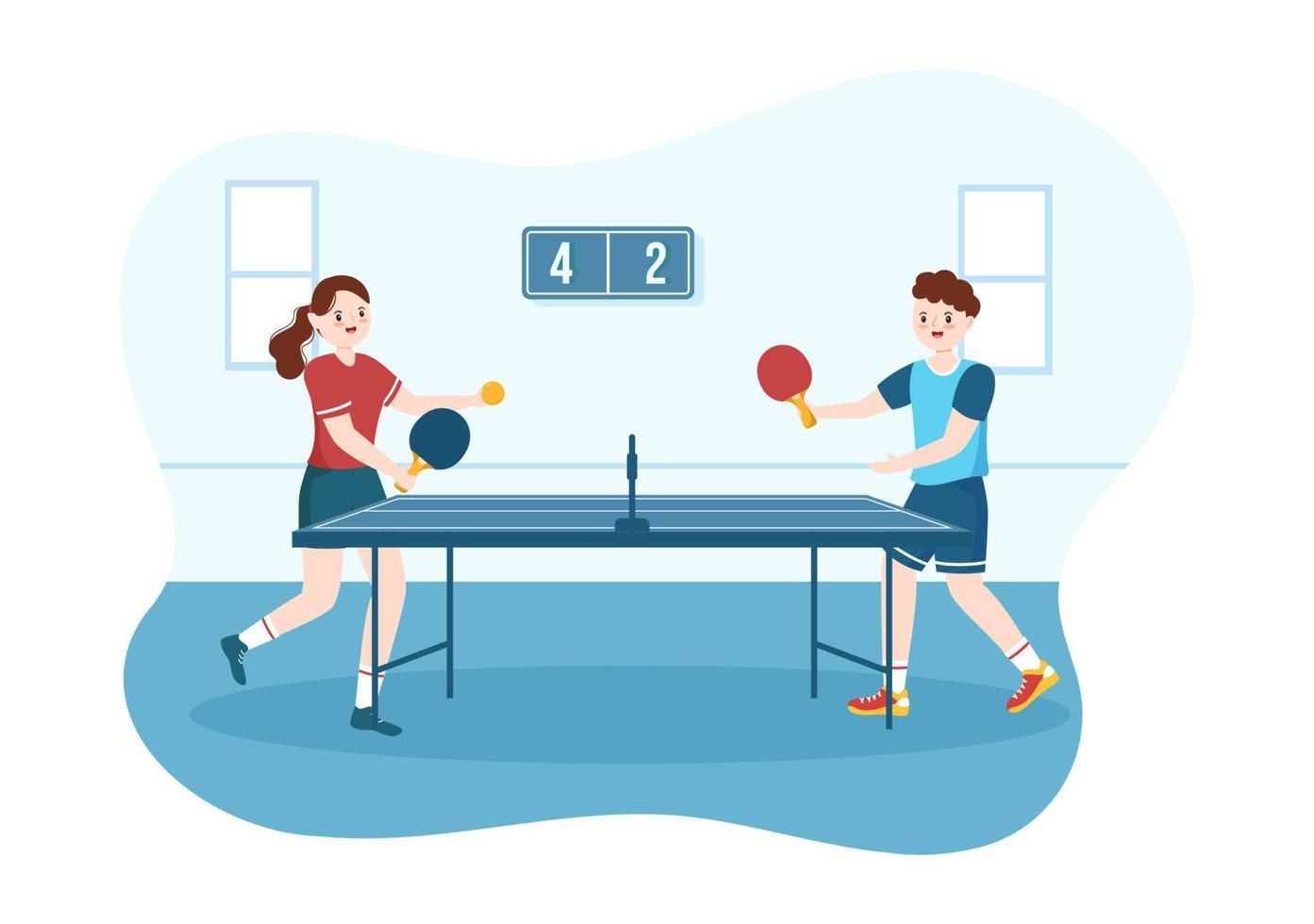 mensen spelen tafel tennis sport- met racket en bal van ping pong spel bij elkaar passen in vlak tekenfilm hand- getrokken Sjablonen illustratie vector