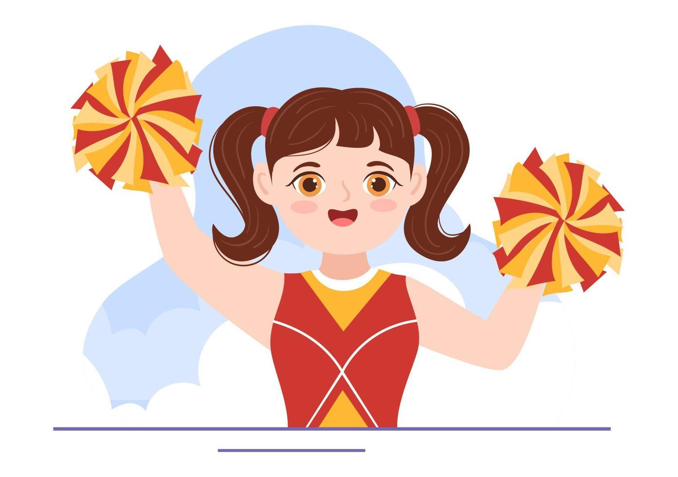 cheerleader meisje met pompons van dansen en jumping naar ondersteuning team sport gedurende wedstrijd Aan vlak tekenfilm hand- getrokken Sjablonen illustratie vector