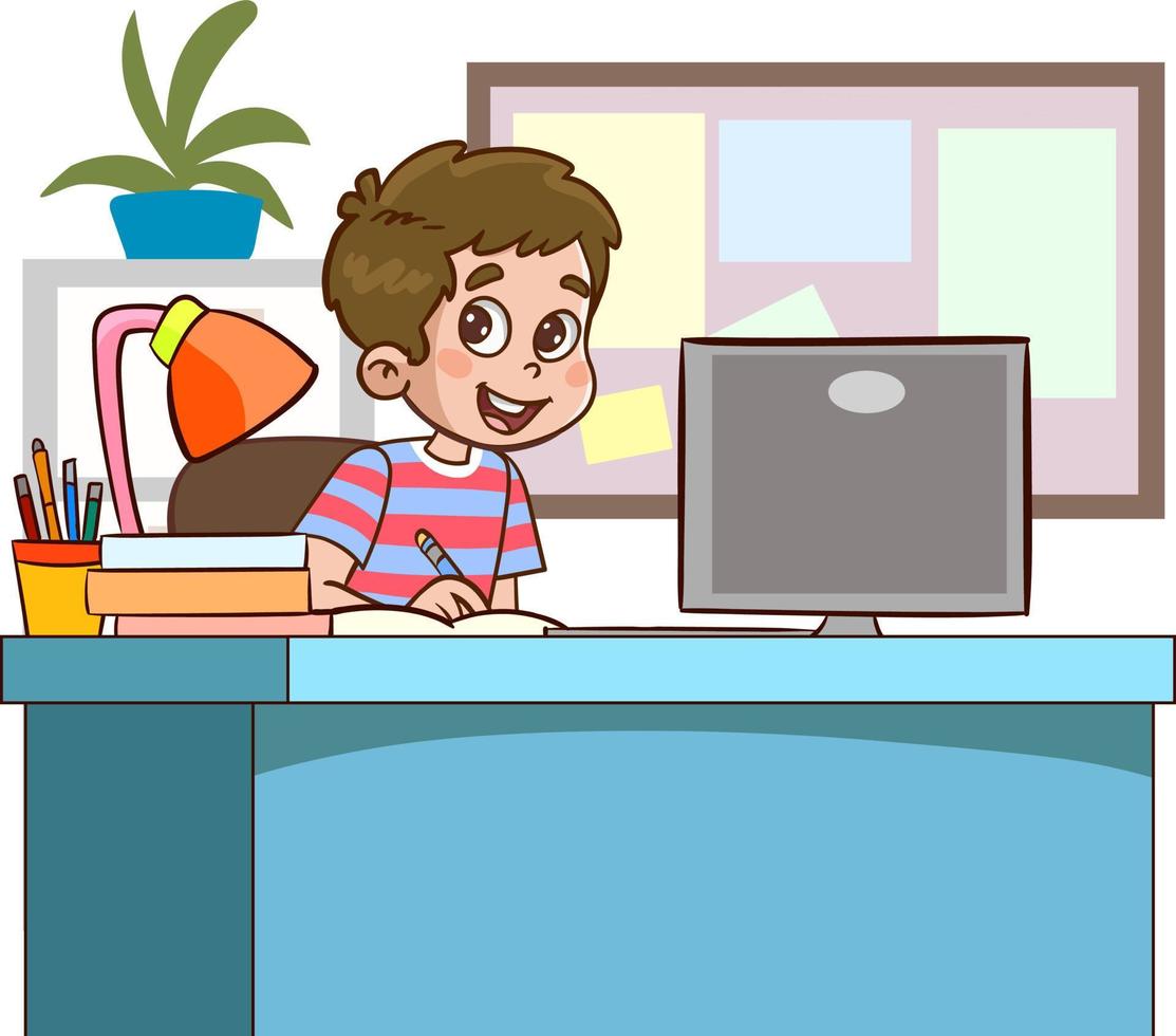 gelukkig schattig kinderen aan het studeren Aan computer Bij tafel vector