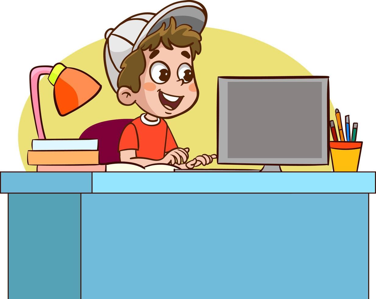 gelukkig schattig kinderen aan het studeren Aan computer Bij tafel vector