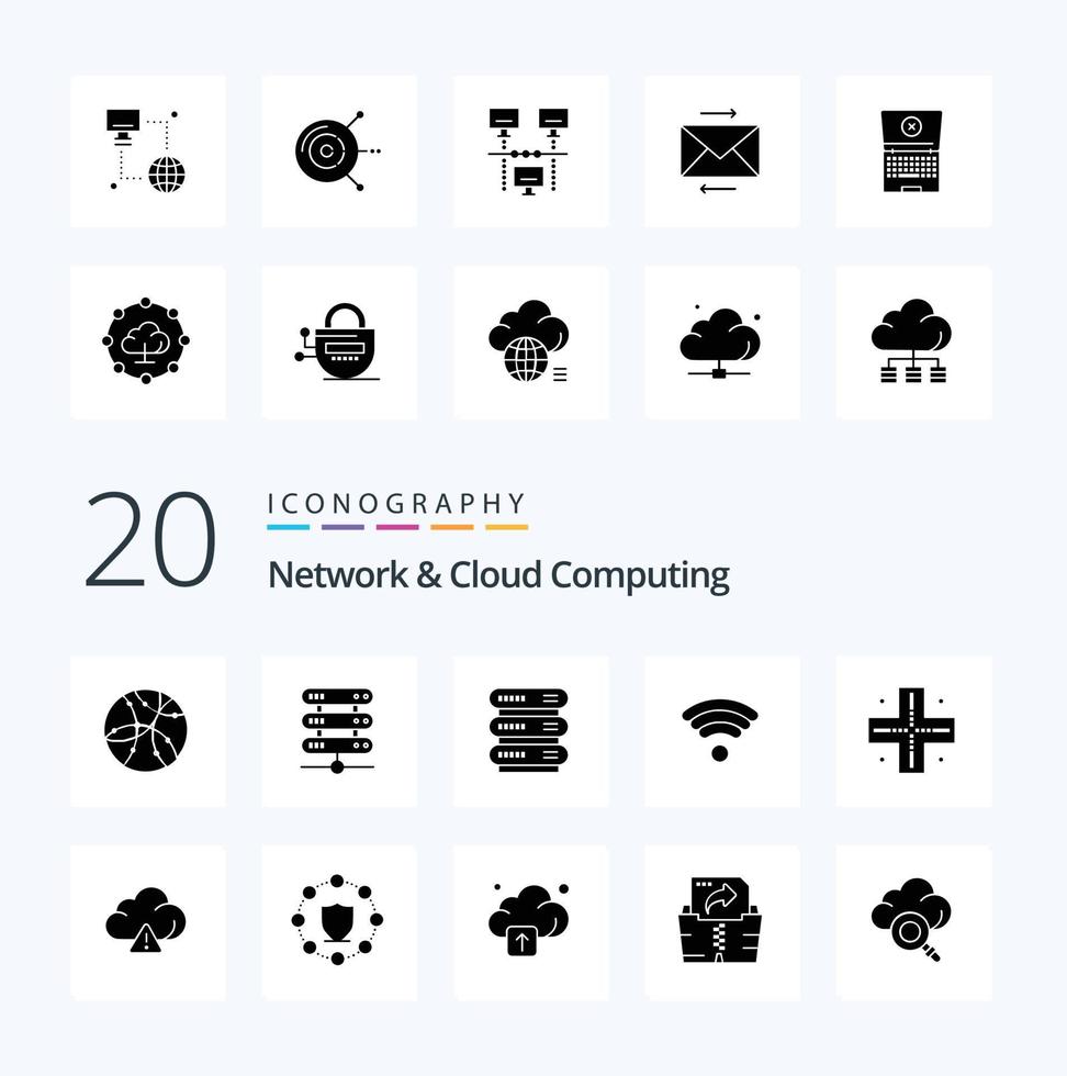 20 netwerk en wolk berekenen solide glyph icoon pak Leuk vinden berekenen alarm technologie wolk plaats vector