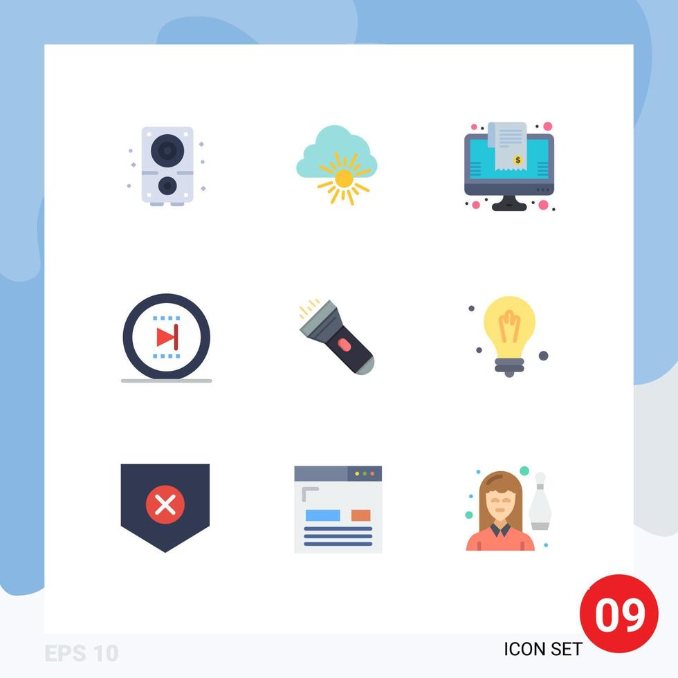 mobiel koppel vlak kleur reeks van 9 pictogrammen van licht voorwaarts Bill online film bewerkbare vector ontwerp elementen