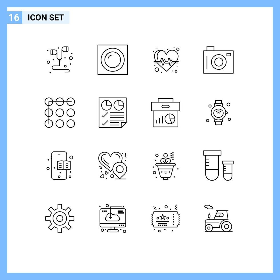 modern reeks van 16 contouren pictogram van patroon afbeelding ritme picknick camera bewerkbare vector ontwerp elementen