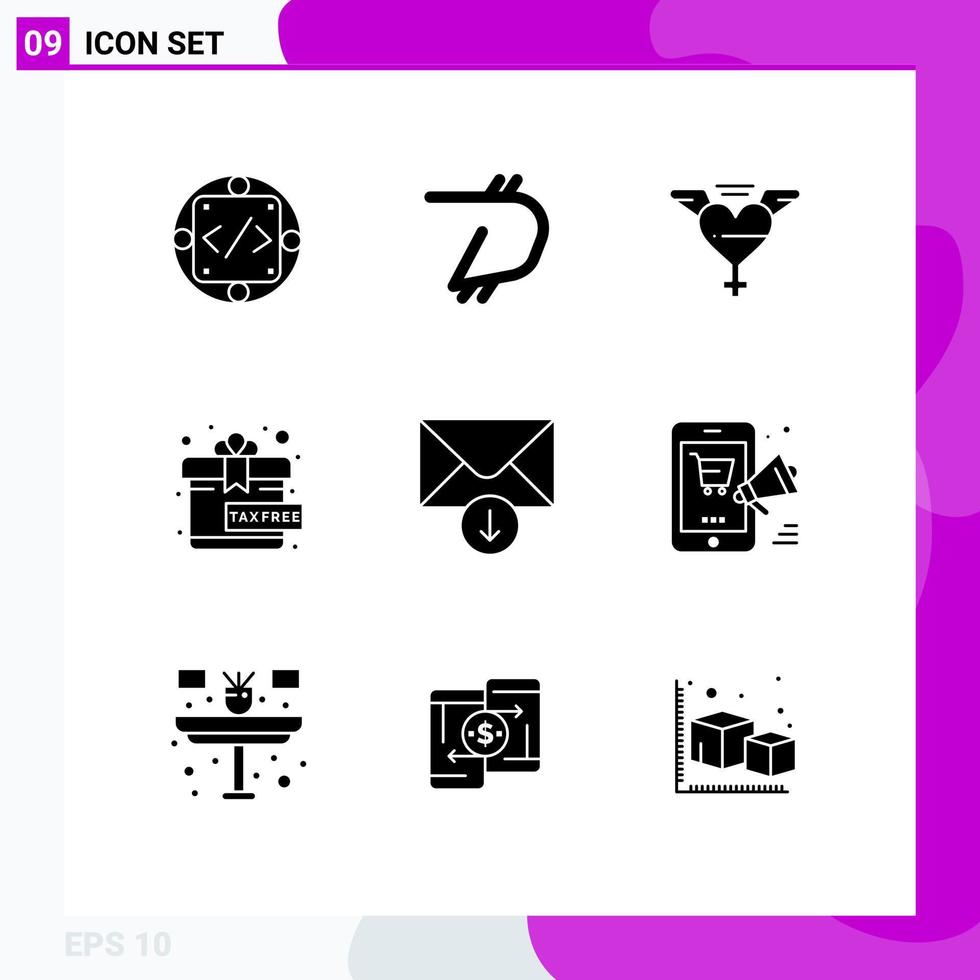 bewerkbare vector lijn pak van 9 gemakkelijk solide glyphs van sturen mail crypto valuta Cadeau vrij bewerkbare vector ontwerp elementen