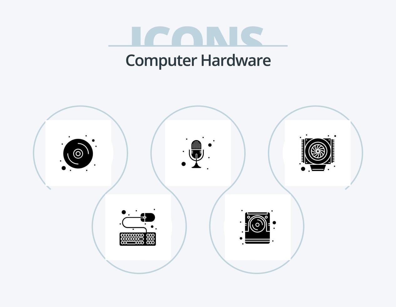 computer hardware glyph icoon pak 5 icoon ontwerp. koeler. praten. gegevens. recorder. microfoon vector