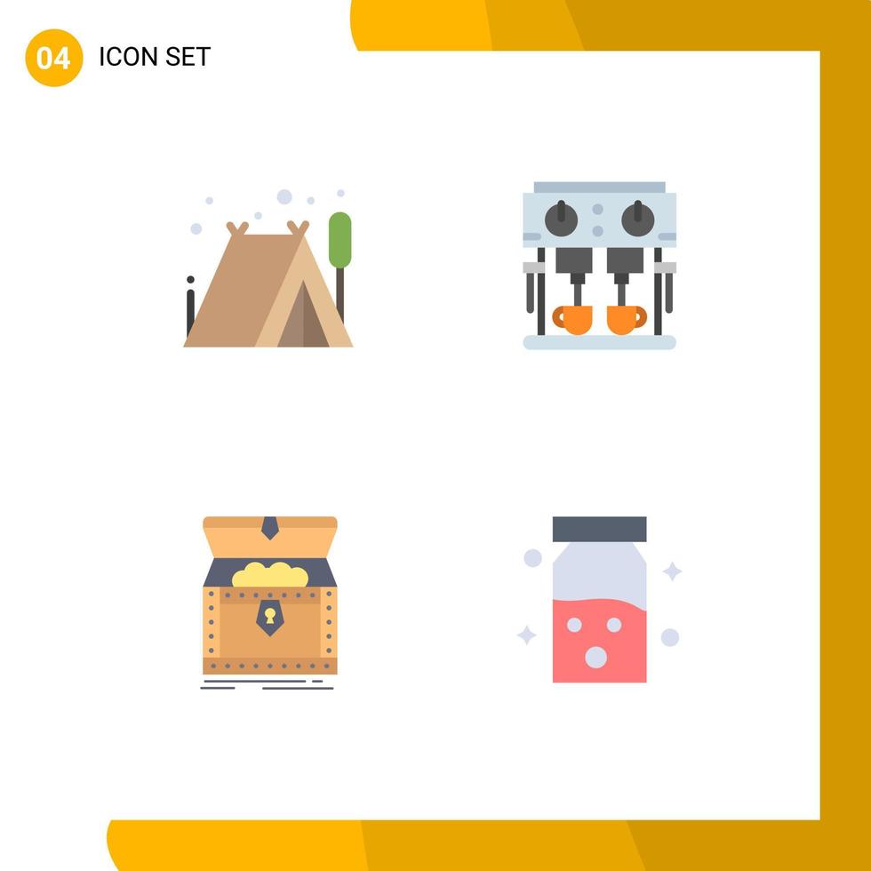 4 vlak icoon concept voor websites mobiel en apps camping goud koffie drinken schat bewerkbare vector ontwerp elementen