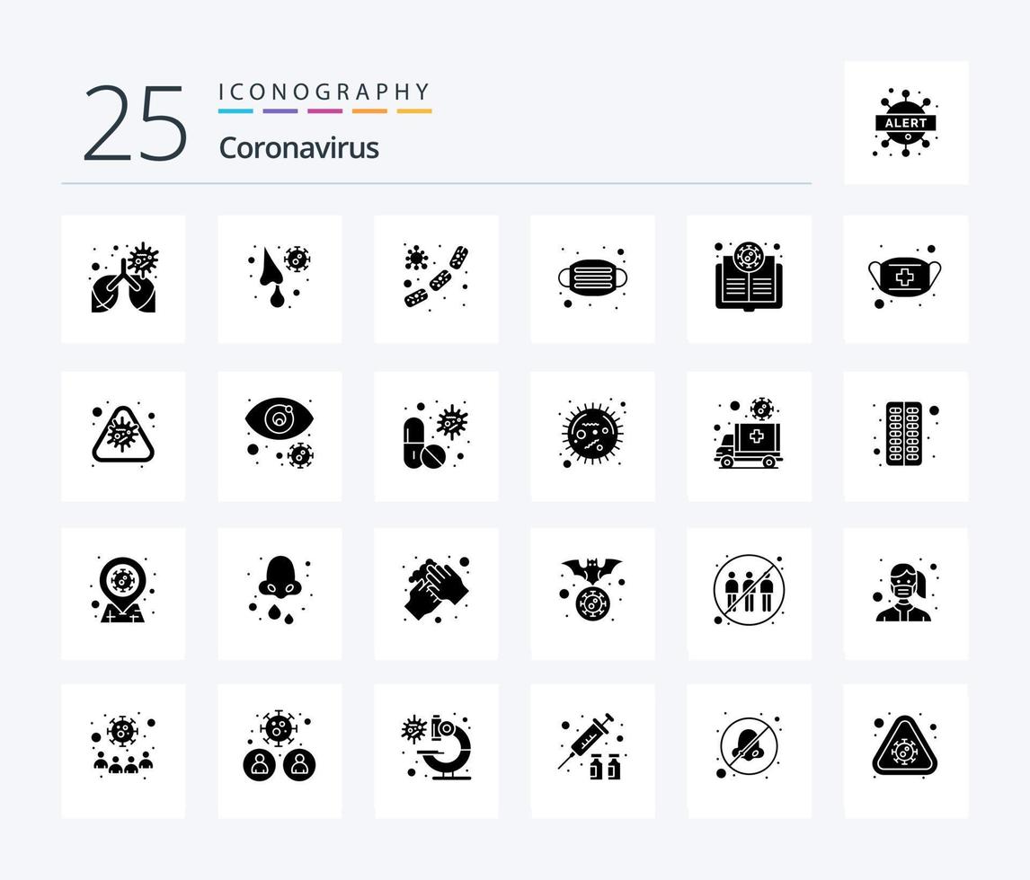 coronavirus 25 solide glyph icoon pak inclusief bacteriën. medisch. bacterie. masker. bloed vector