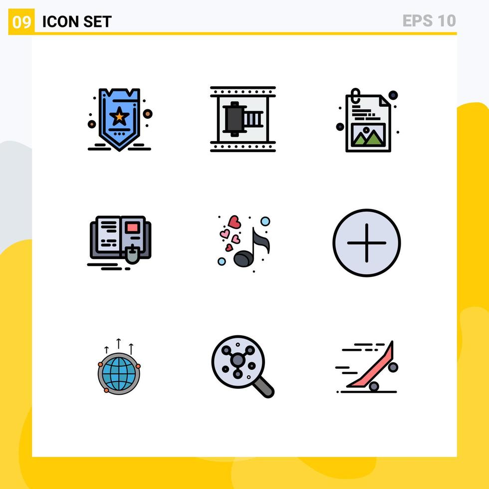 9 gevulde lijn vlak kleur concept voor websites mobiel en apps muziek- muis film strip kennis boek bewerkbare vector ontwerp elementen