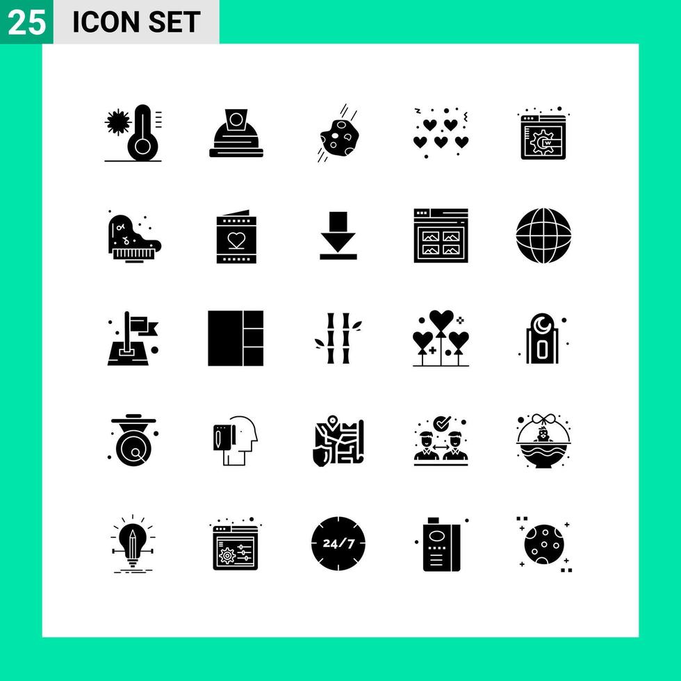 25 solide glyph concept voor websites mobiel en apps groots Scherm bladzijde inhoud astronomie valentijnsdag harten bewerkbare vector ontwerp elementen