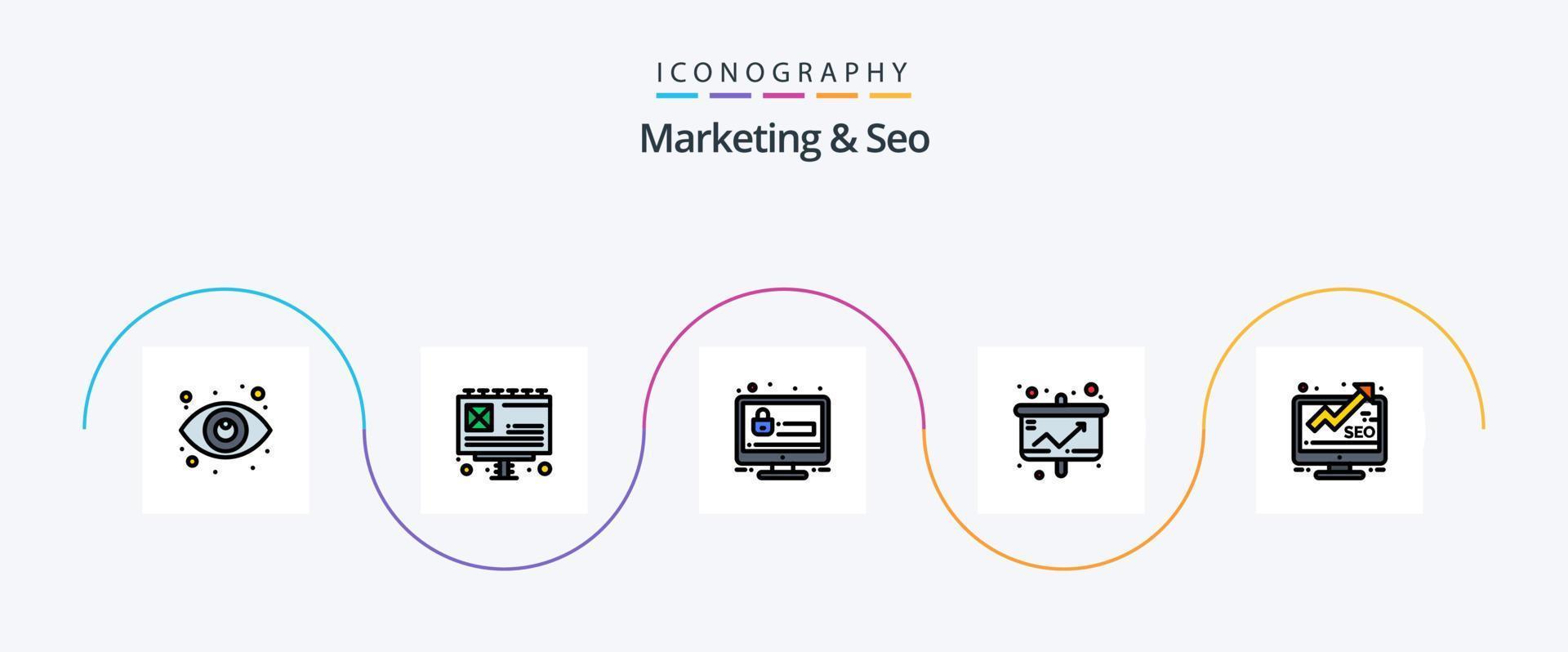 afzet en seo lijn gevulde vlak 5 icoon pak inclusief marketing. statistiek. seo. presentatie. tabel vector