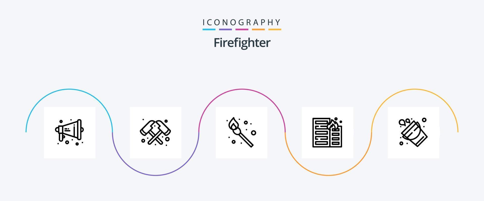 brandweerman lijn 5 icoon pak inclusief brandweerman. emmer. brand. risico. vlam vector