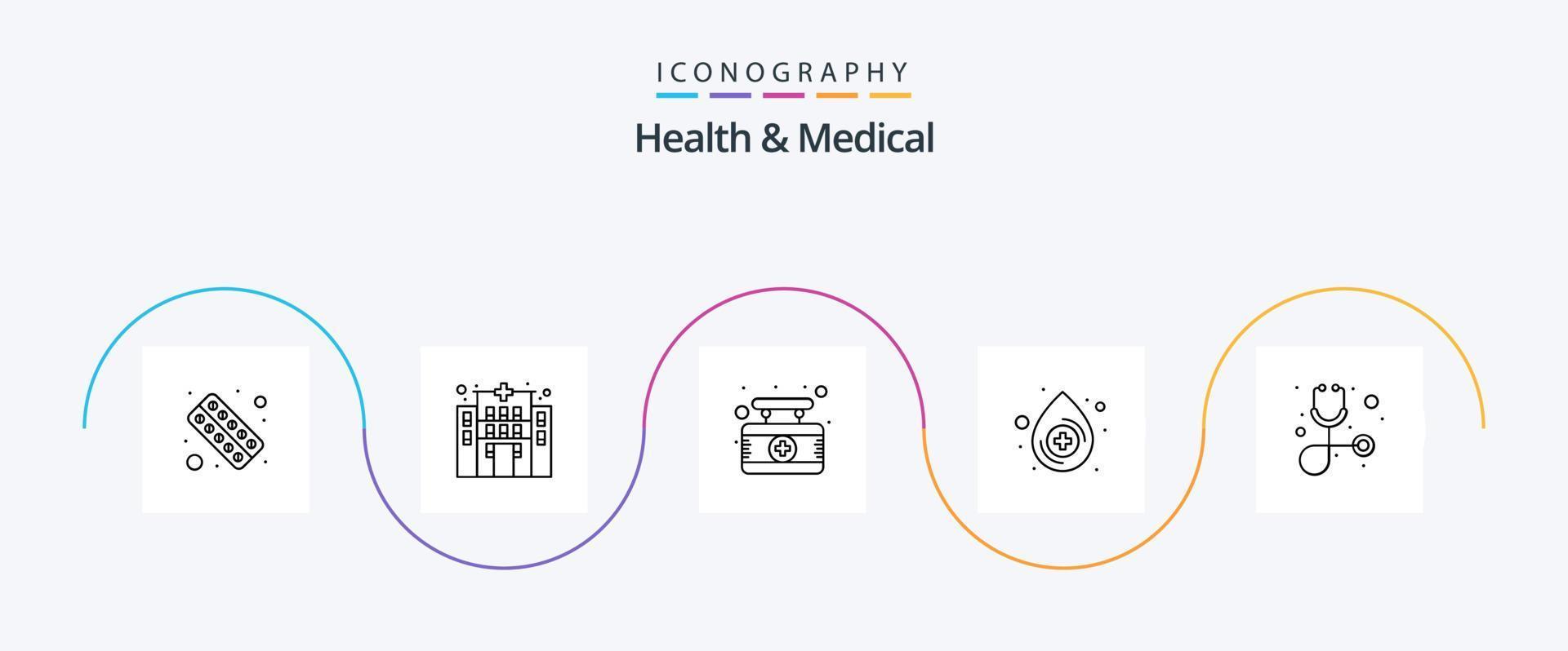 Gezondheid en medisch lijn 5 icoon pak inclusief stethoscoop. diagnose. bord. medisch. bloed vector