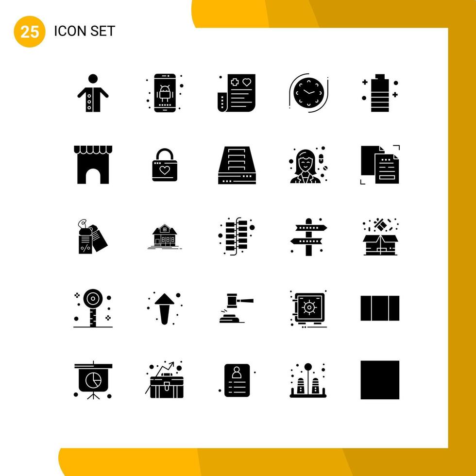 modern reeks van 25 solide glyphs pictogram van accu tijd telefoon klok kosten bewerkbare vector ontwerp elementen